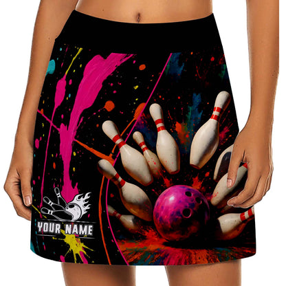 Customized Bowling Trouser Skirts With Shorts Underneath, Bowling Multicolor Splash Skorts With Pockets