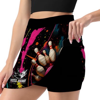 Customized Bowling Trouser Skirts With Shorts Underneath, Bowling Multicolor Splash Skorts With Pockets