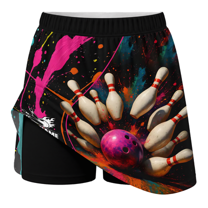 Customized Bowling Trouser Skirts With Shorts Underneath, Bowling Multicolor Splash Skorts With Pockets