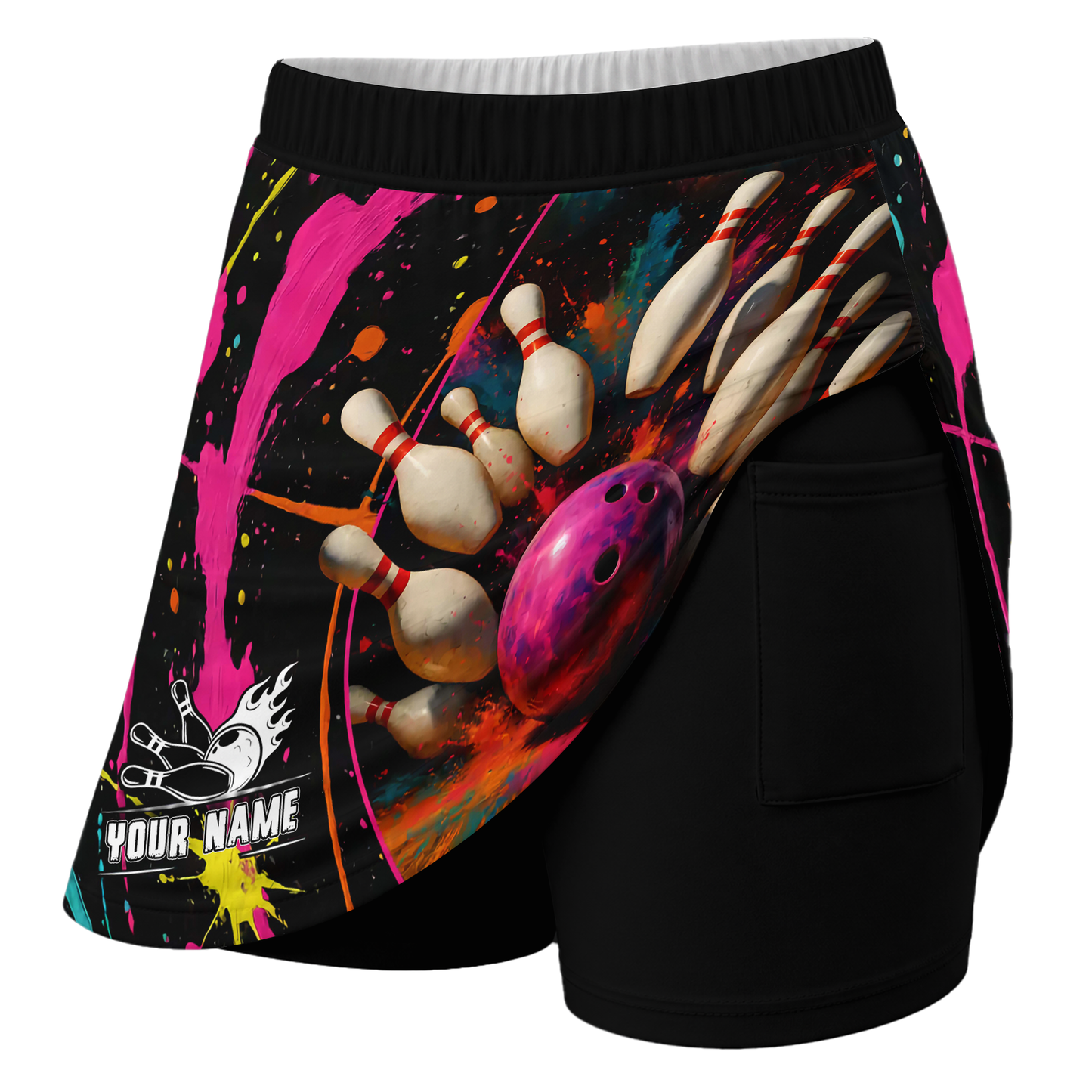 Customized Bowling Trouser Skirts With Shorts Underneath, Bowling Multicolor Splash Skorts With Pockets