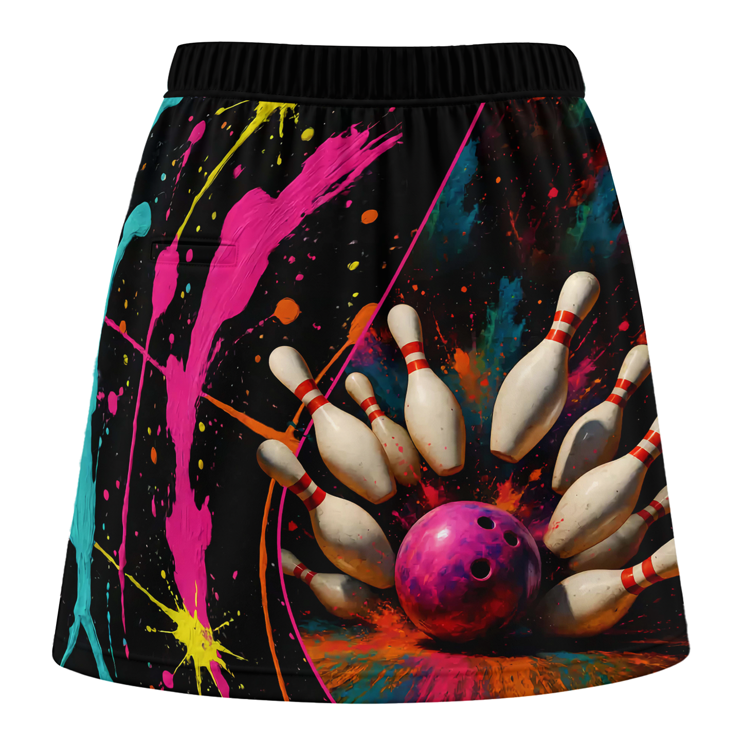Customized Bowling Trouser Skirts With Shorts Underneath, Bowling Multicolor Splash Skorts With Pockets