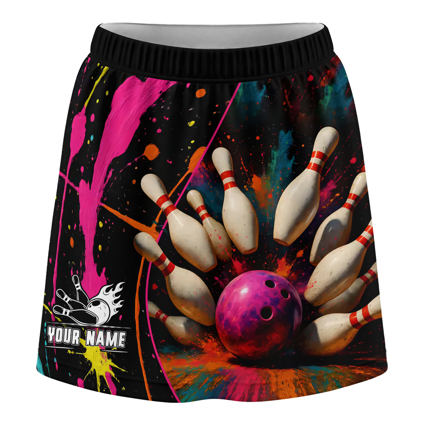 Customized Bowling Trouser Skirts With Shorts Underneath, Bowling Multicolor Splash Skorts With Pockets