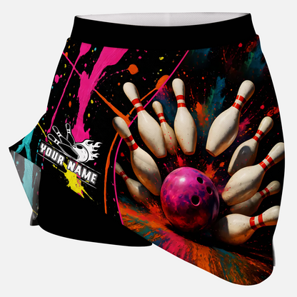 Customized Bowling Trouser Skirts With Shorts Underneath, Bowling Multicolor Splash Skorts With Pockets