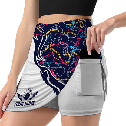 Customized Bowling Trouser Skirts With Shorts Underneath, Skittles And Balls Outline Bowling Pattern Skorts With Pockets