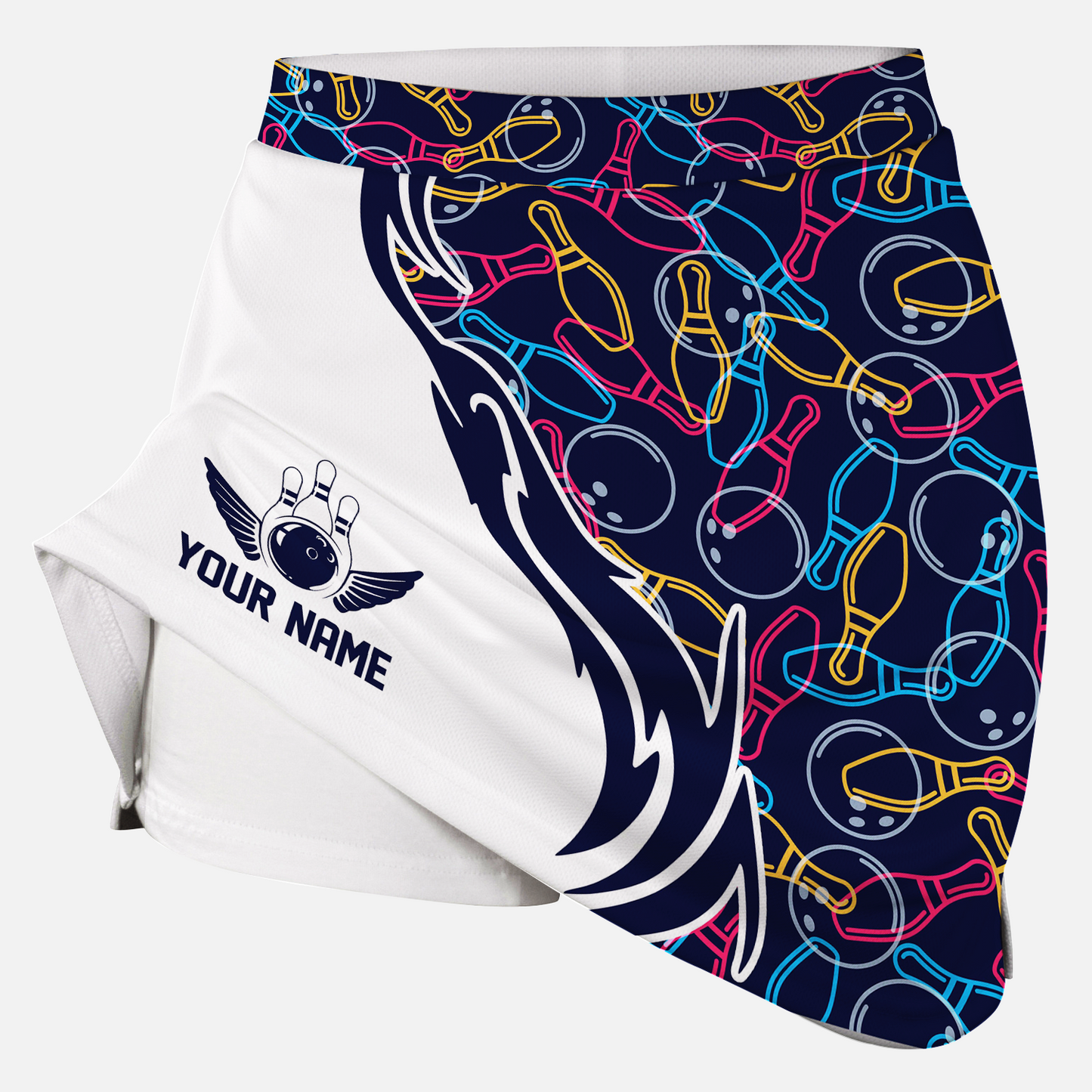 Customized Bowling Trouser Skirts With Shorts Underneath, Skittles And Balls Outline Bowling Pattern Skorts With Pockets