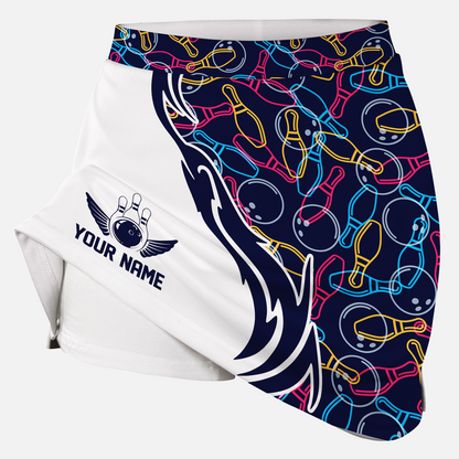 Customized Bowling Trouser Skirts With Shorts Underneath, Skittles And Balls Outline Bowling Pattern Skorts With Pockets