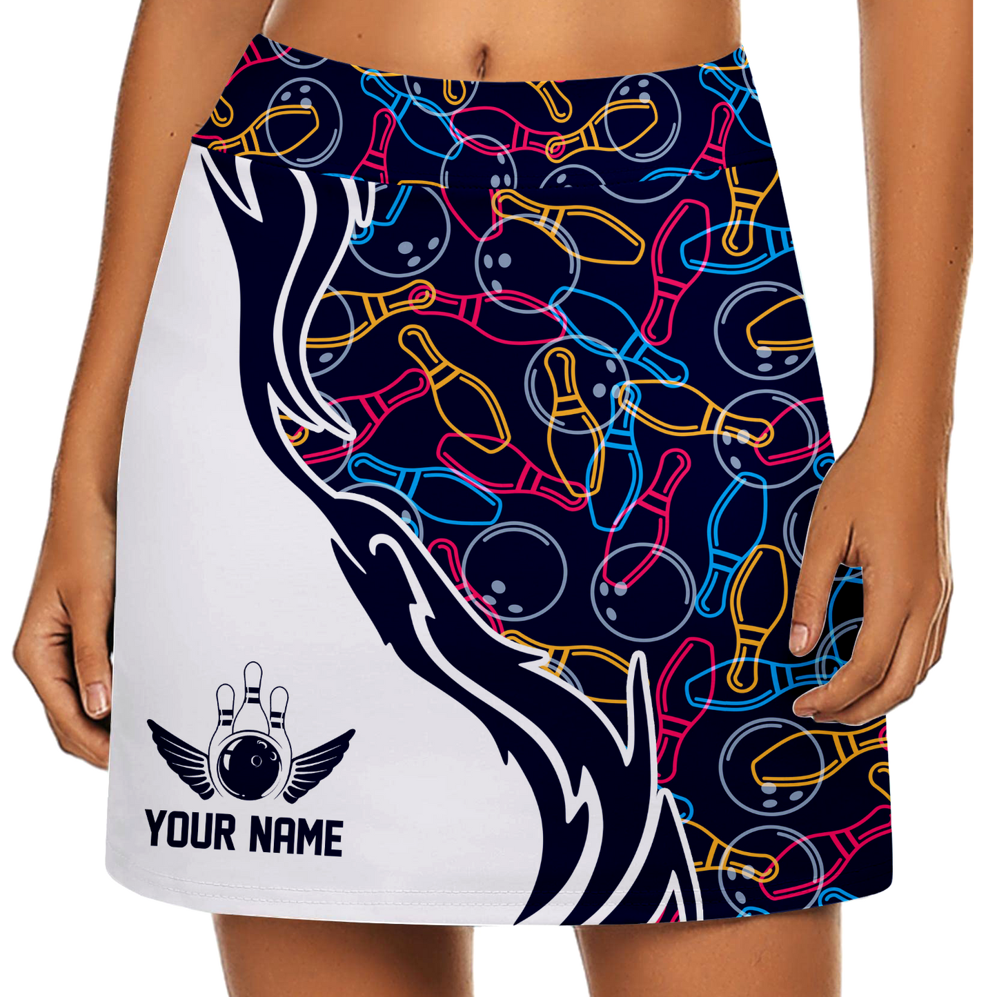 Customized Bowling Trouser Skirts With Shorts Underneath, Skittles And Balls Outline Bowling Pattern Skorts With Pockets