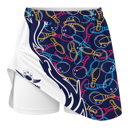 Customized Bowling Trouser Skirts With Shorts Underneath, Skittles And Balls Outline Bowling Pattern Skorts With Pockets