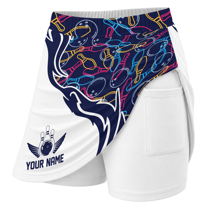 Customized Bowling Trouser Skirts With Shorts Underneath, Skittles And Balls Outline Bowling Pattern Skorts With Pockets
