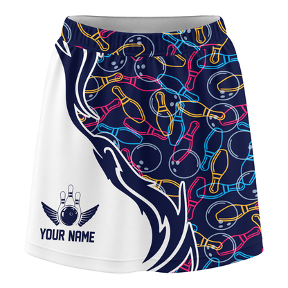 Customized Bowling Trouser Skirts With Shorts Underneath, Skittles And Balls Outline Bowling Pattern Skorts With Pockets