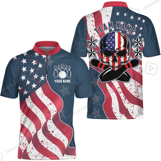 Customized Bowling Jersey Team Shirt, Vintage American Flag Patriotic Skull Bowling Jersey Uniform Shirt With Name
