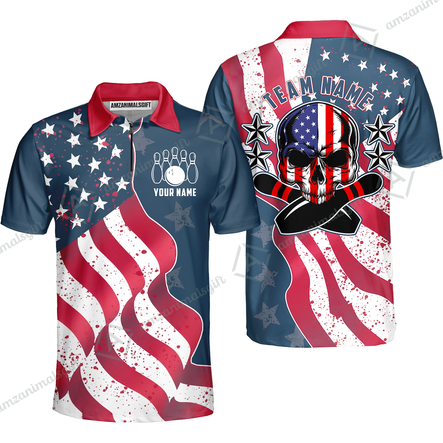 Customized Bowling Quarter-Zip Polo Shirt, Vintage American Flag Patriotic Skull Bowling Uniform Shirt With Name