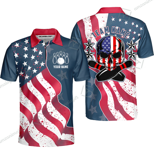 Customized Bowling Quarter-Zip Polo Shirt, Vintage American Flag Patriotic Skull Bowling Uniform Shirt With Name