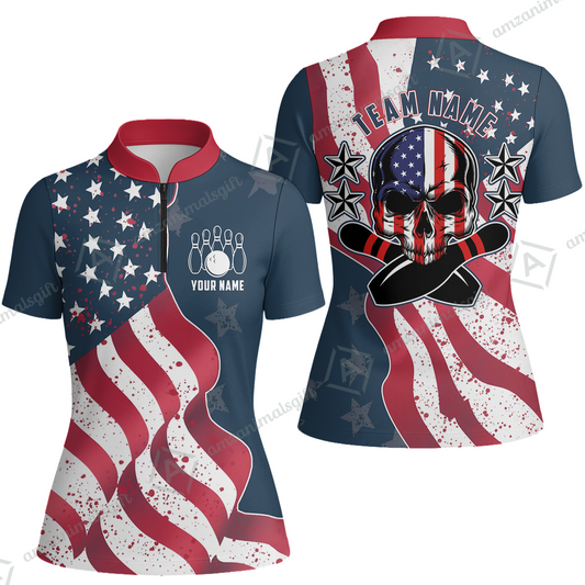 Customized Bowling Women's Jersey Shirt, Vintage American Flag Patriotic Skull Bowling Uniform Shirt With Name