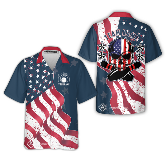 Customized Bowling Hawaiian Button Up Shirt, Vintage American Flag Patriotic Skull Bowling Button Up Uniform With Name