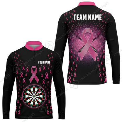 Customized Darts Team Jersey, Personalized Pink Ribbon Darts Polo Shirt For Players With Name & Team Name