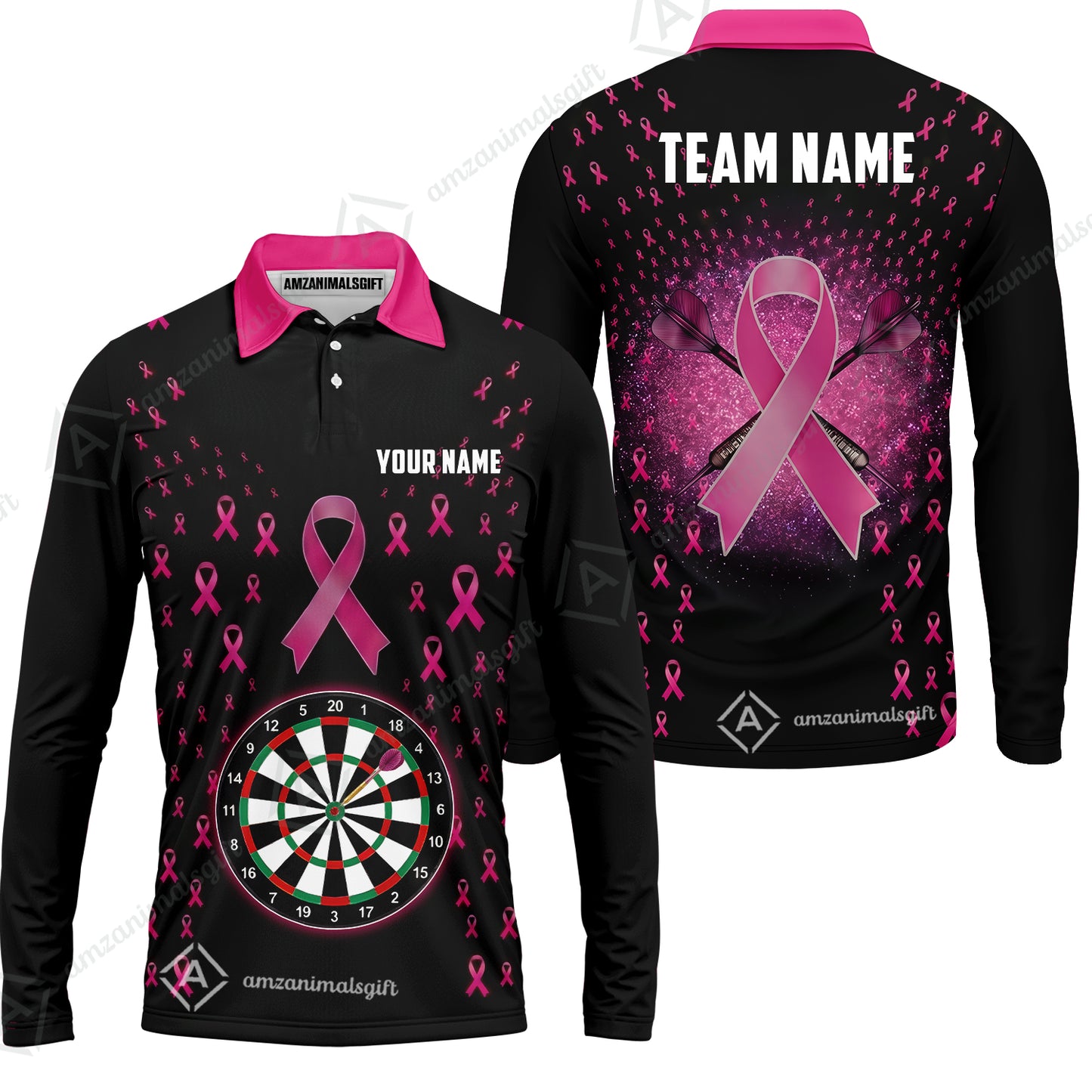 Customized Darts Team Jersey, Personalized Pink Ribbon Darts Polo Shirt For Players With Name & Team Name