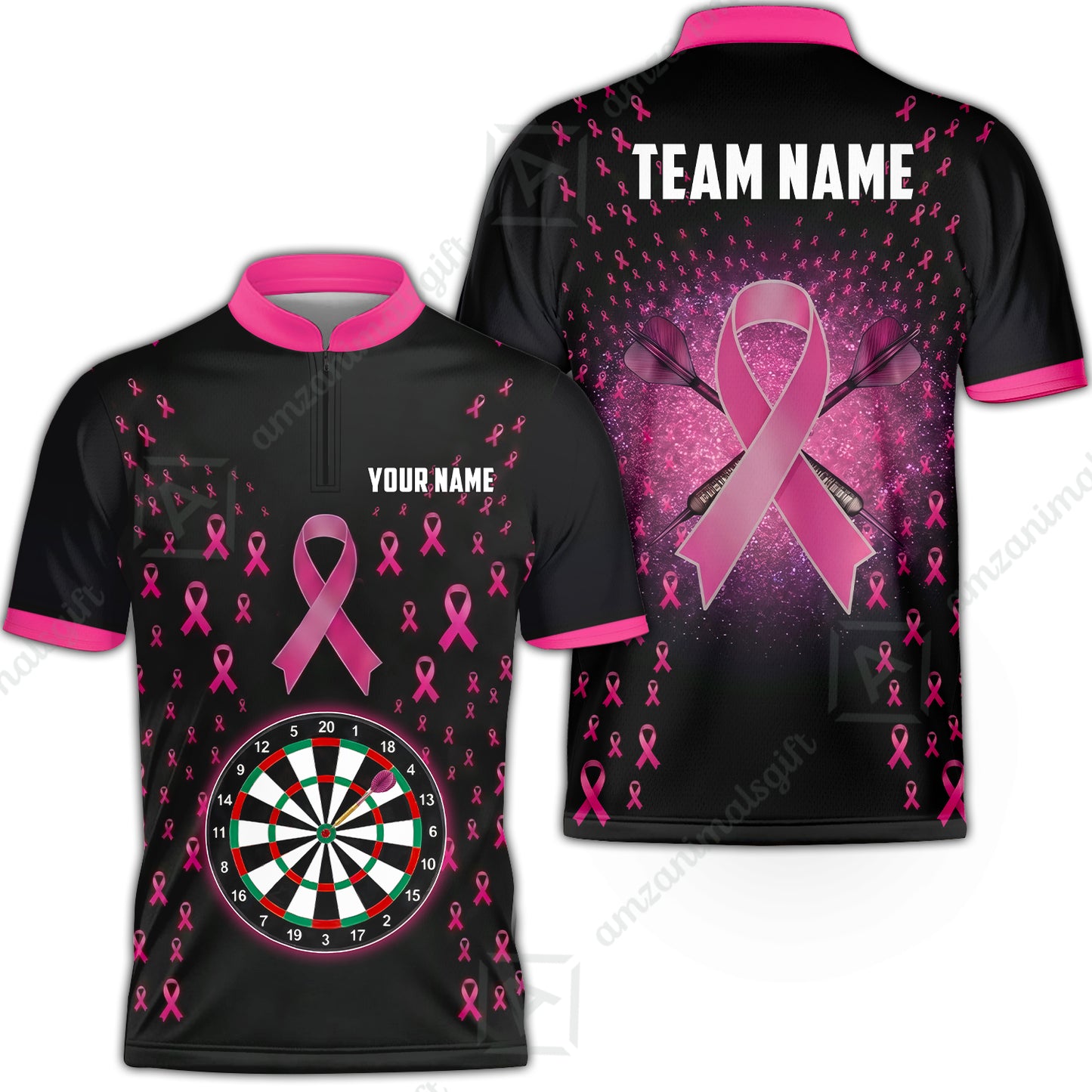 Customized Darts Team Jersey, Personalized Pink Ribbon Darts Polo Shirt For Players With Name & Team Name
