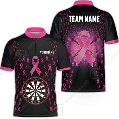 Customized Darts Team Jersey, Personalized Pink Ribbon Darts Polo Shirt For Players With Name & Team Name