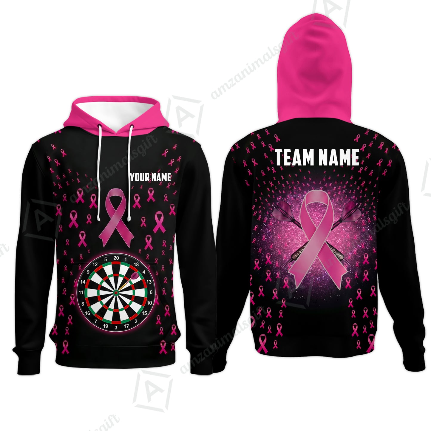 Customized Darts Team Jersey, Personalized Pink Ribbon Darts Polo Shirt For Players With Name & Team Name