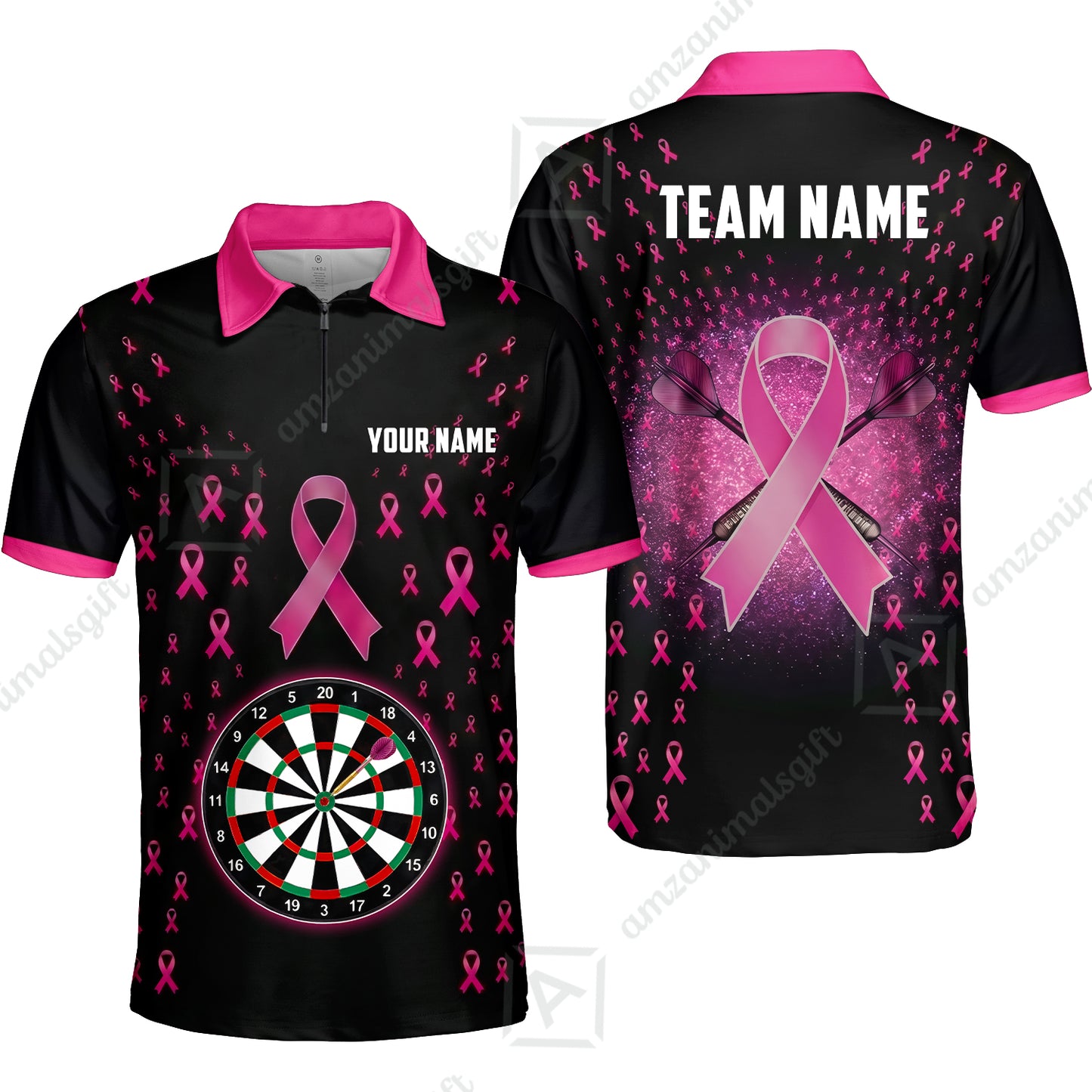 Customized Darts Team Jersey, Personalized Pink Ribbon Darts Polo Shirt For Players With Name & Team Name