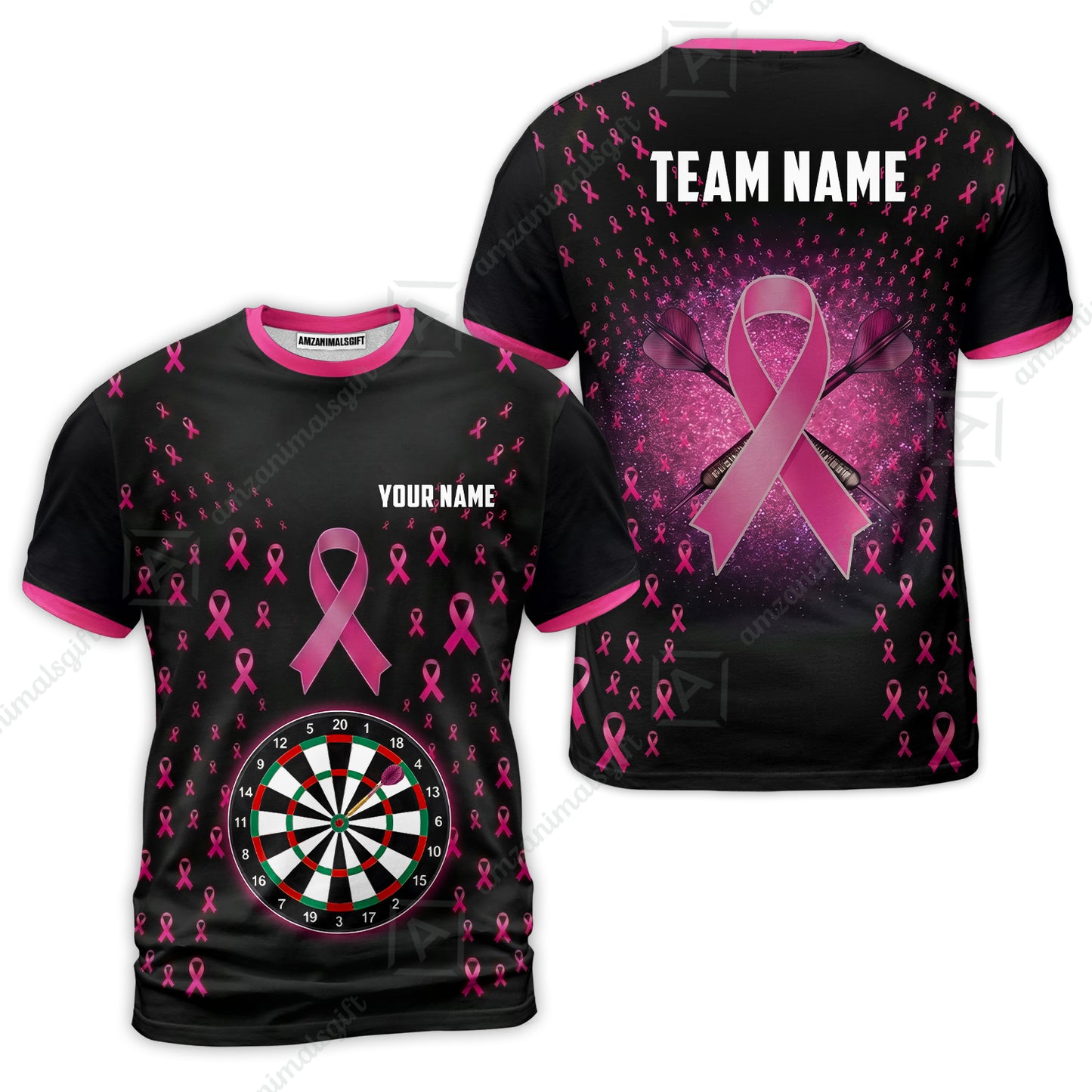 Customized Darts Team Jersey, Personalized Pink Ribbon Darts Polo Shirt For Players With Name & Team Name