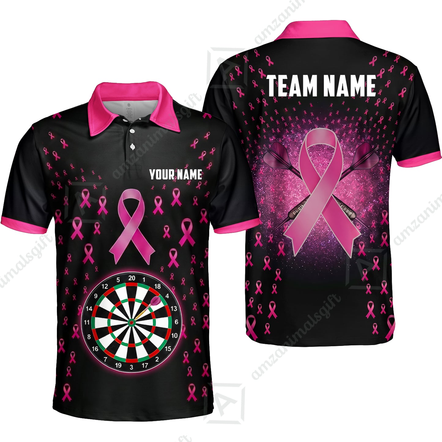 Customized Darts Team Jersey, Personalized Pink Ribbon Darts Polo Shirt For Players With Name & Team Name