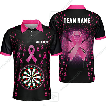 Customized Darts Team Jersey, Personalized Pink Ribbon Darts Polo Shirt For Players With Name & Team Name