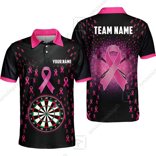 Customized Darts Team Jersey, Personalized Pink Ribbon Darts Polo Shirt For Players With Name & Team Name
