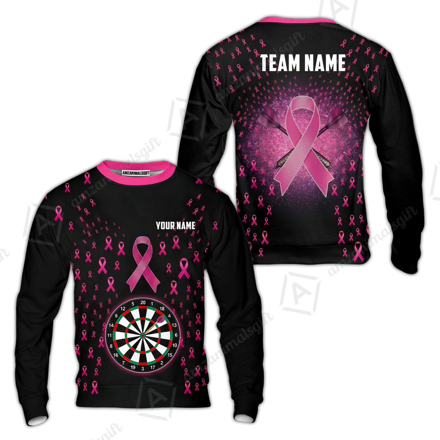 Customized Darts Team Jersey, Personalized Pink Ribbon Darts Polo Shirt For Players With Name & Team Name