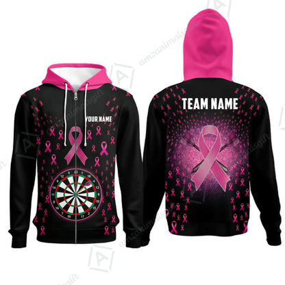 Customized Darts Team Jersey, Personalized Pink Ribbon Darts Polo Shirt For Players With Name & Team Name