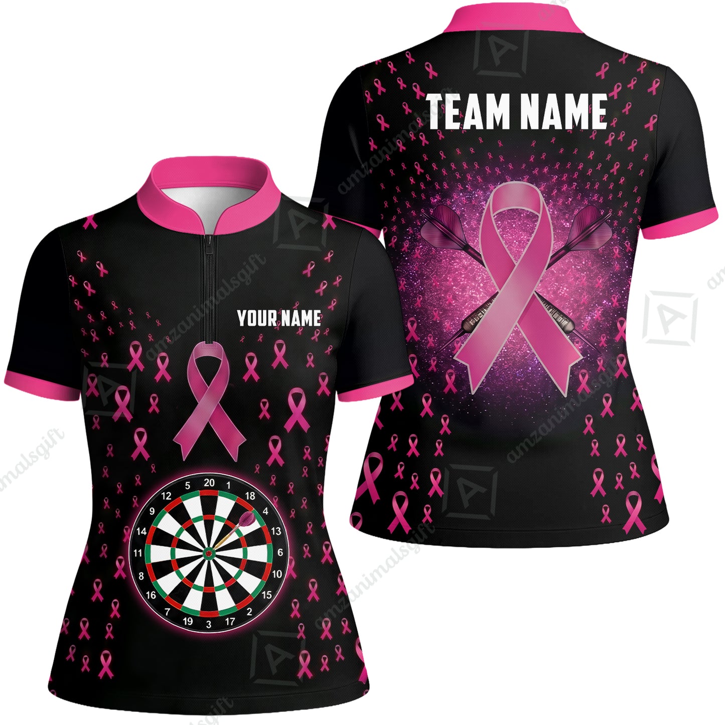 Customized Darts Team Jersey, Personalized Pink Ribbon Darts Polo Shirt For Players With Name & Team Name