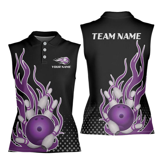 Customized Bowling Team Purple Flame Bowling Women's Sleeveless Polo Shirt , Bowling Flame Women's Sleeveless Shirts