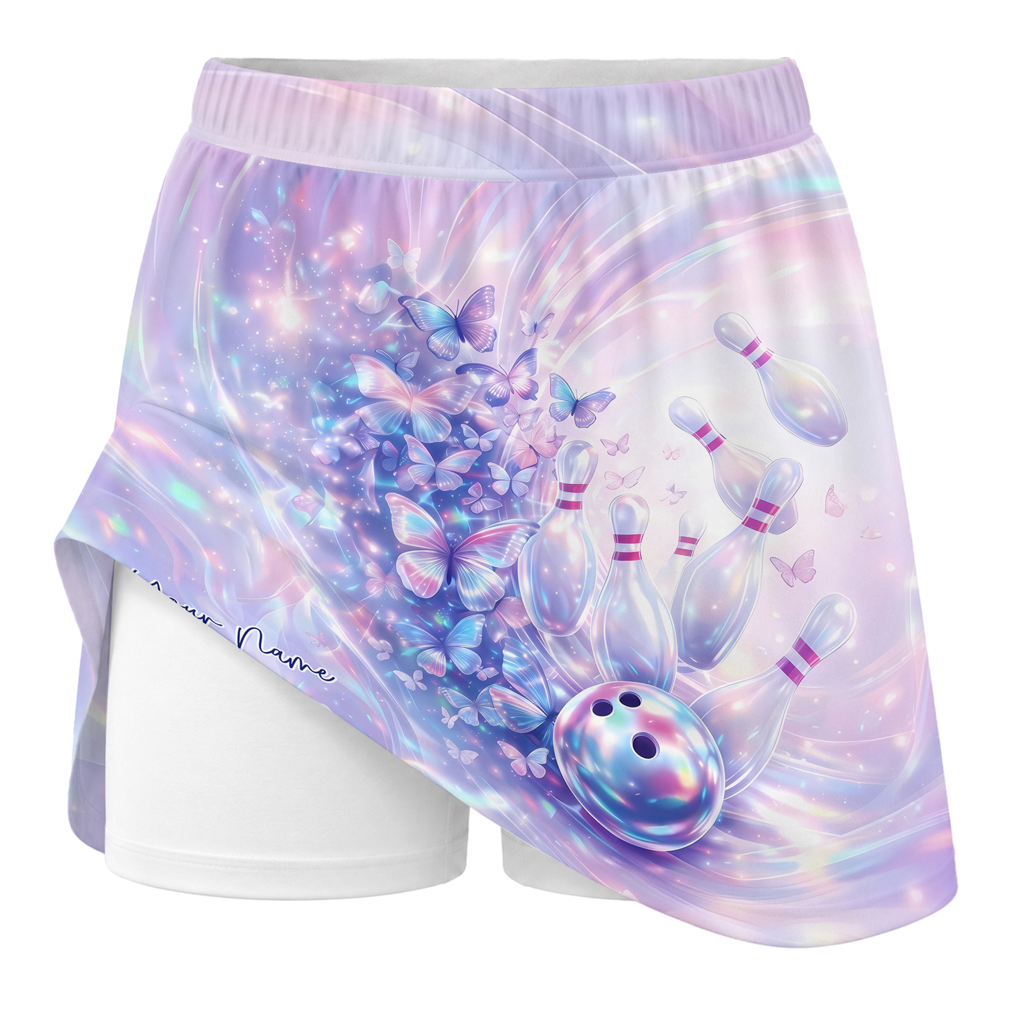 Customized Bowling Trouser Skirts With Shorts Underneath, Bowling Butterfly Holographic Skorts With Pockets