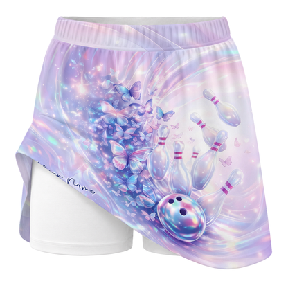 Customized Bowling Trouser Skirts With Shorts Underneath, Bowling Butterfly Holographic Skorts With Pockets
