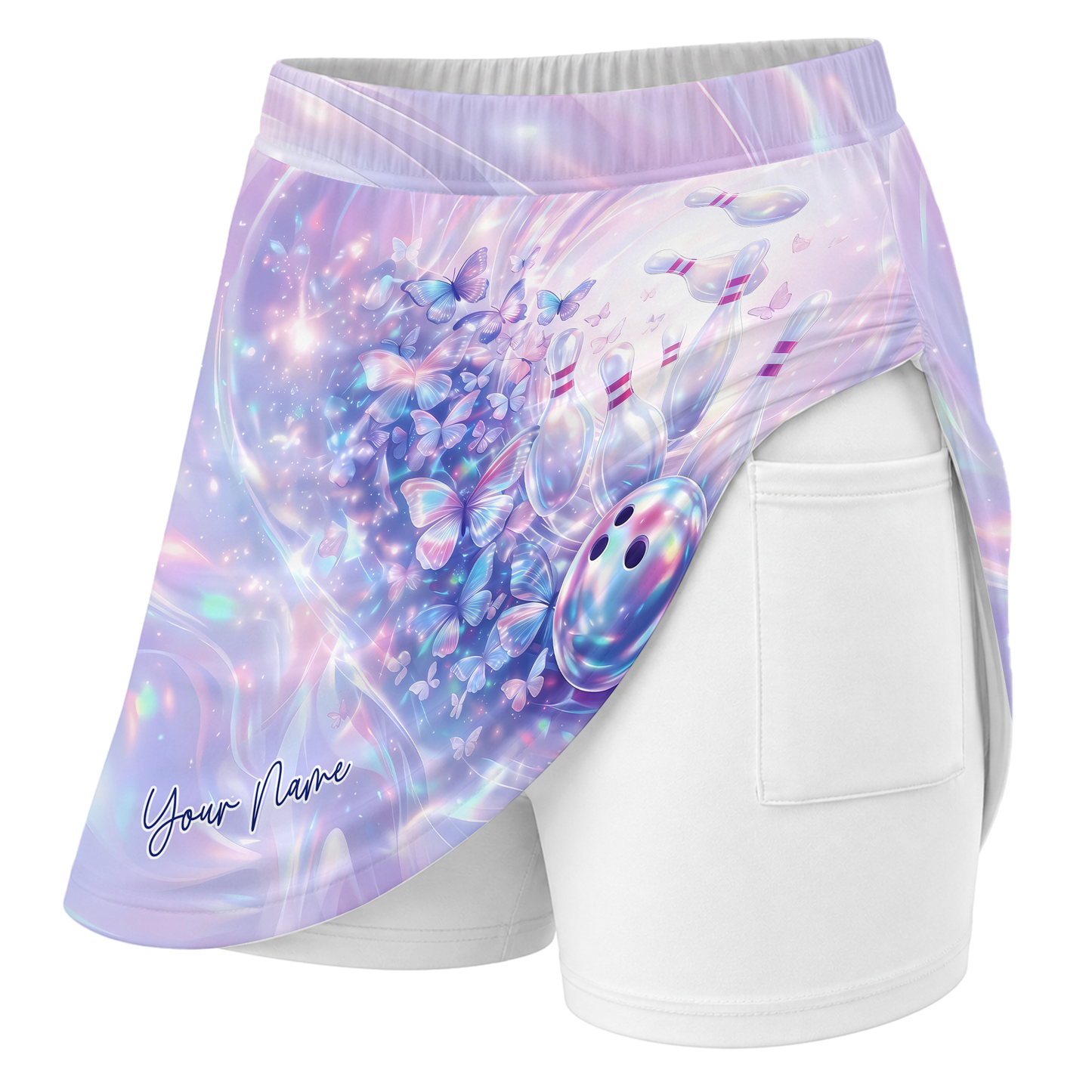 Customized Bowling Trouser Skirts With Shorts Underneath, Bowling Butterfly Holographic Skorts With Pockets