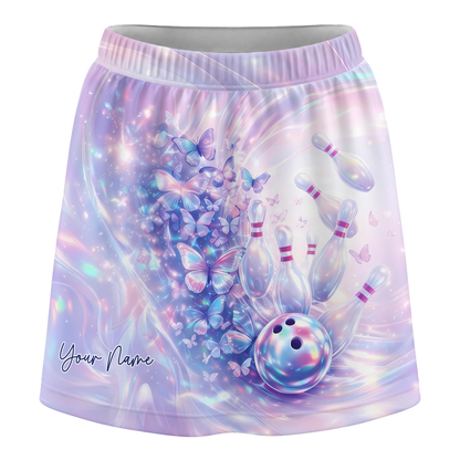 Customized Bowling Trouser Skirts With Shorts Underneath, Bowling Butterfly Holographic Skorts With Pockets