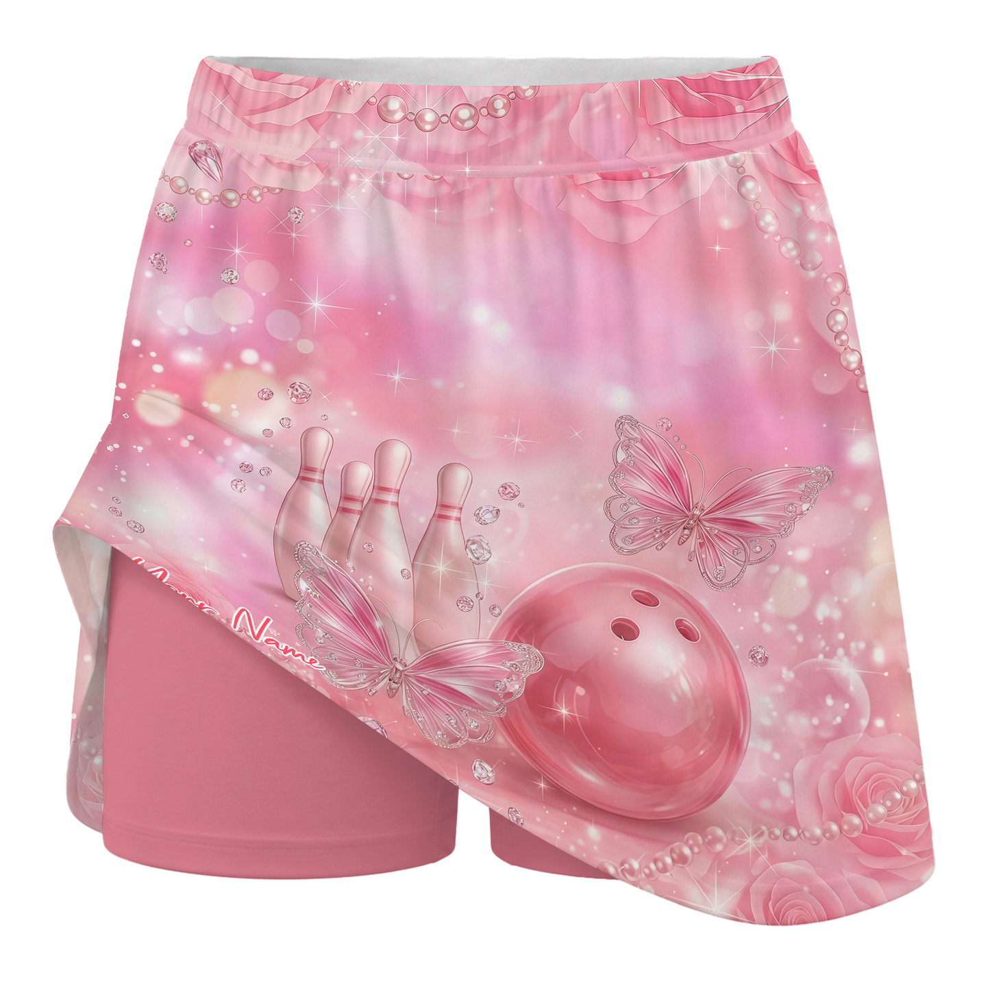 Customized Bowling Trouser Skirts With Shorts Underneath, Bowling Pink Diamond Skorts With Pockets