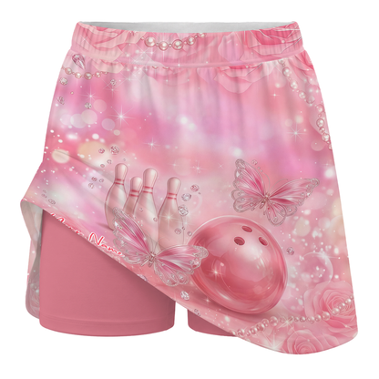 Customized Bowling Trouser Skirts With Shorts Underneath, Bowling Pink Diamond Skorts With Pockets