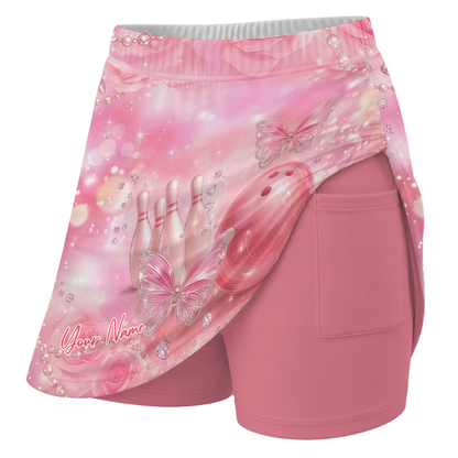 Customized Bowling Trouser Skirts With Shorts Underneath, Bowling Pink Diamond Skorts With Pockets