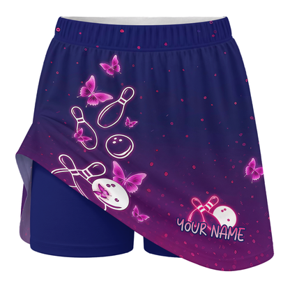 Customized Bowling Trouser Skirts With Shorts Underneath, Bowling  Navy Pink Neon Butterfly Skorts With Pockets