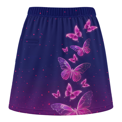 Customized Bowling Trouser Skirts With Shorts Underneath, Bowling  Navy Pink Neon Butterfly Skorts With Pockets
