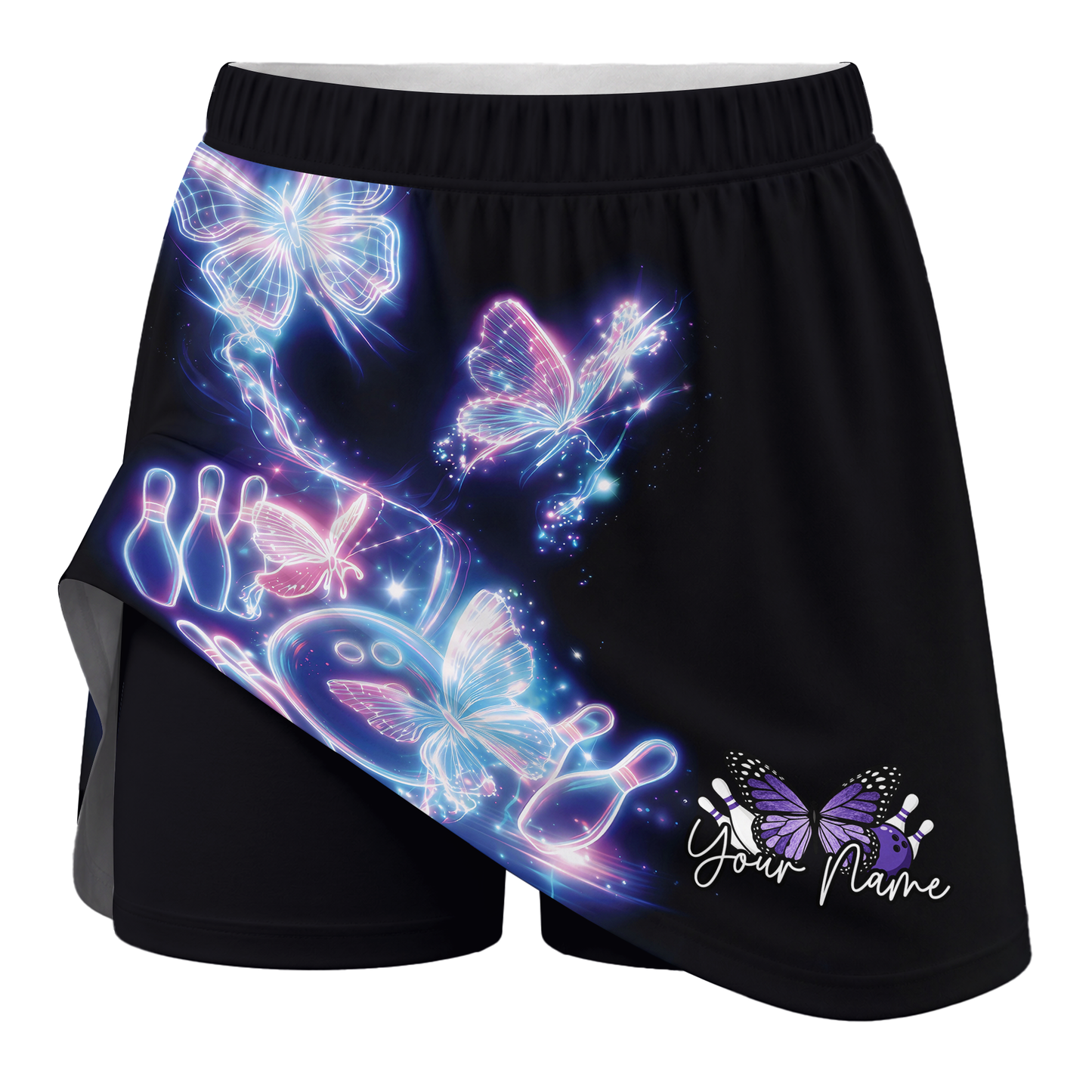 Customized Bowling Trouser Skirts With Shorts Underneath, Bowling  Neon Electric Radiant Butterfly Glow With Pockets