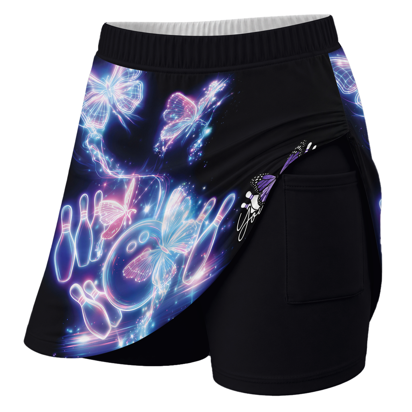 Customized Bowling Trouser Skirts With Shorts Underneath, Bowling  Neon Electric Radiant Butterfly Glow With Pockets