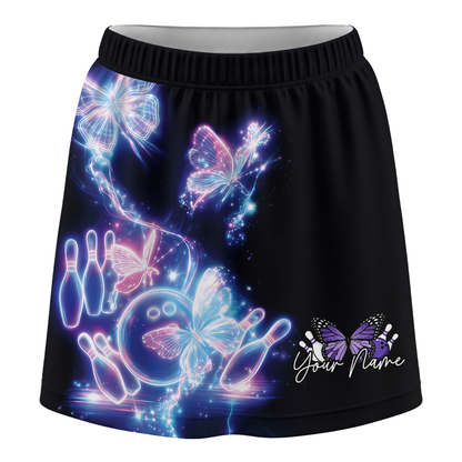 Customized Bowling Trouser Skirts With Shorts Underneath, Bowling  Neon Electric Radiant Butterfly Glow With Pockets