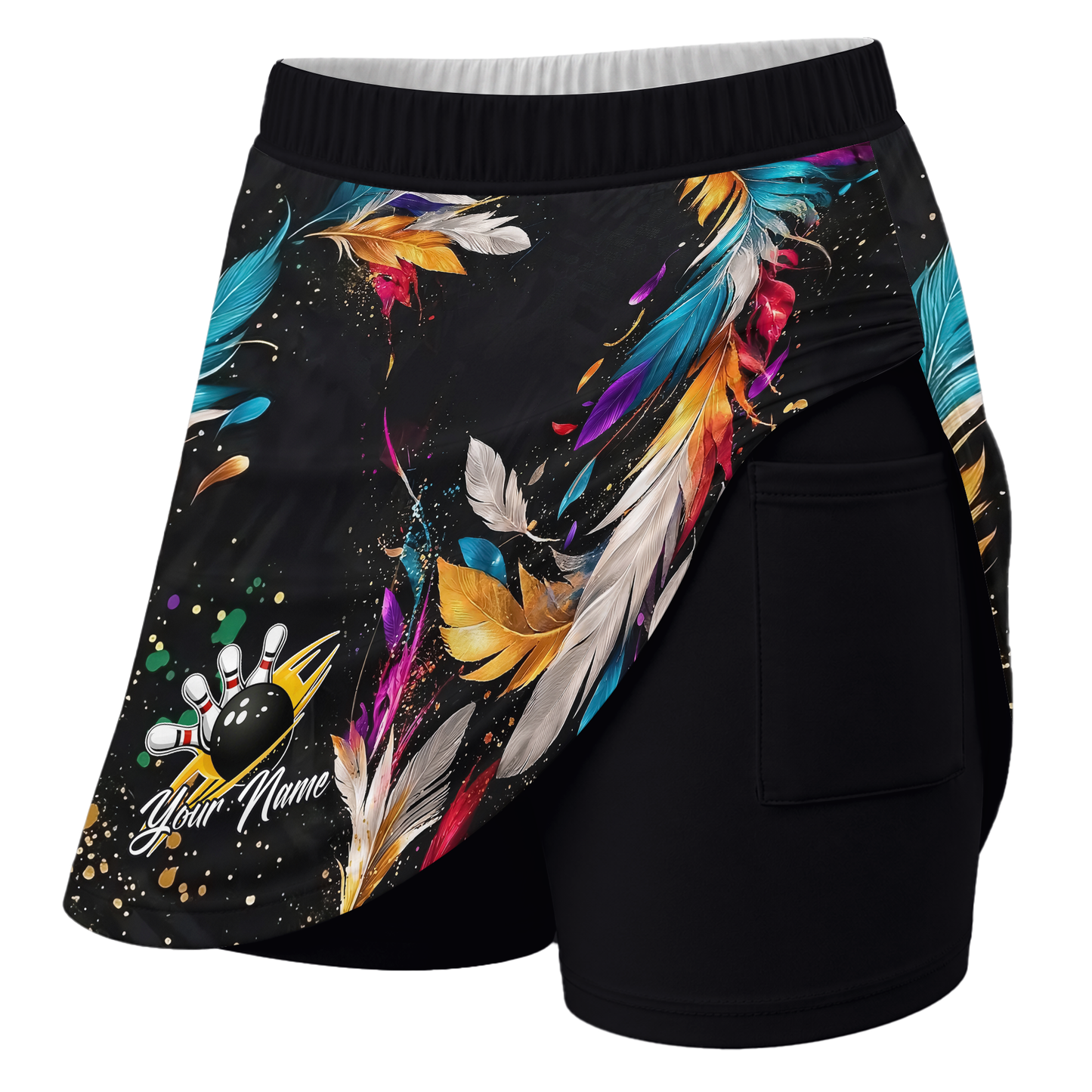 Customized Bowling Trouser Skirts With Shorts Underneath, Bowling  Colorful Feather With Pockets
