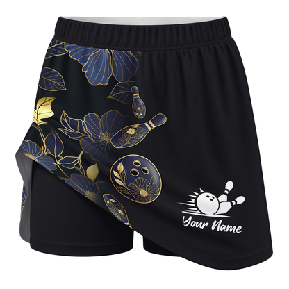 Customized Bowling Trouser Skirts With Shorts Underneath, Bowling Flower Pattern Gradient Gold With Pockets