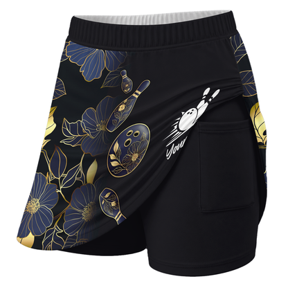 Customized Bowling Trouser Skirts With Shorts Underneath, Bowling Flower Pattern Gradient Gold With Pockets