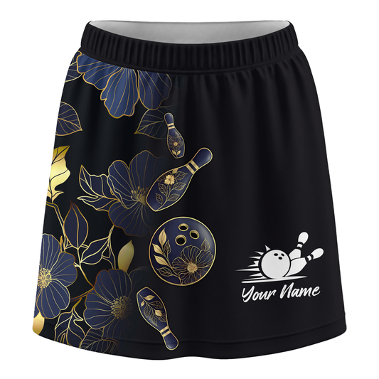 Customized Bowling Trouser Skirts With Shorts Underneath, Bowling Flower Pattern Gradient Gold With Pockets
