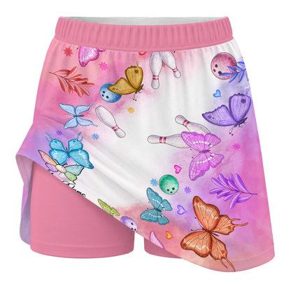 Customized Bowling Trouser Skirts With Shorts Underneath, Bowling Whimsical Butterfly Watercolor With Pockets